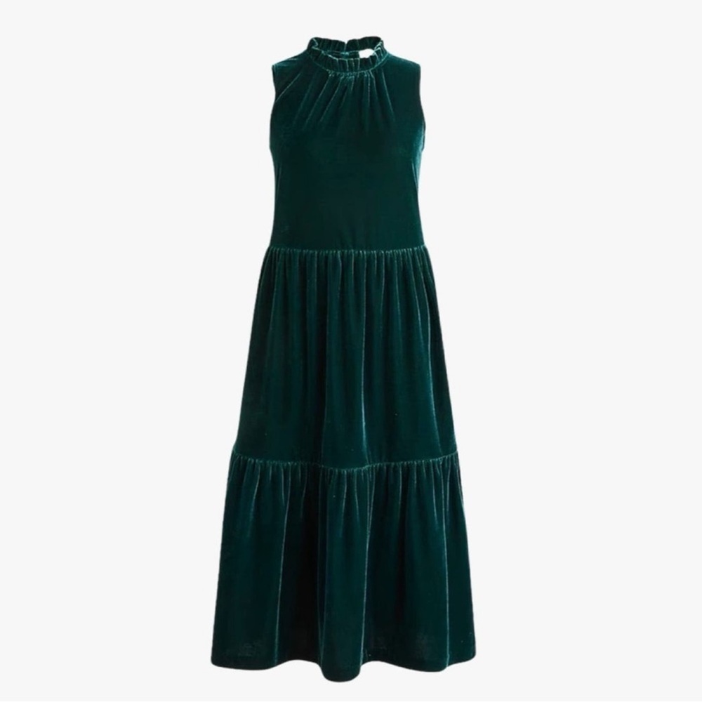 J. Crew Velvet Emerald Green Sleeveless Tiered Midi Dress 14